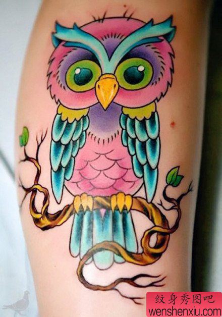 腿部精美的一幅猫头鹰纹身图案