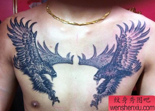 胸部霸气的一幅老鹰纹身图案