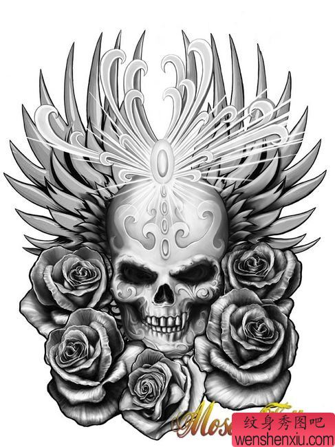 一幅帅气的骷髅与玫瑰花纹身图案