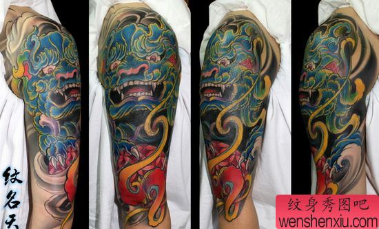 手臂好看的唐狮子纹身图案