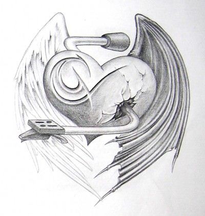 一幅适合纹后背的爱心翅膀纹身图案