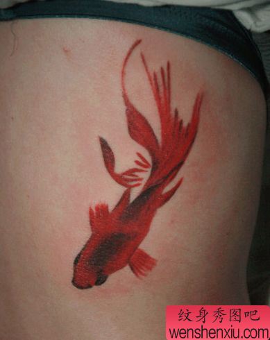 女孩子腰部水墨风格小金鱼纹身图案