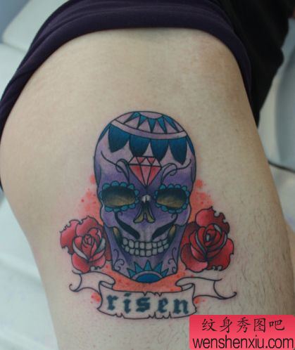 腿部欧美风格骷髅玫瑰花纹身图案