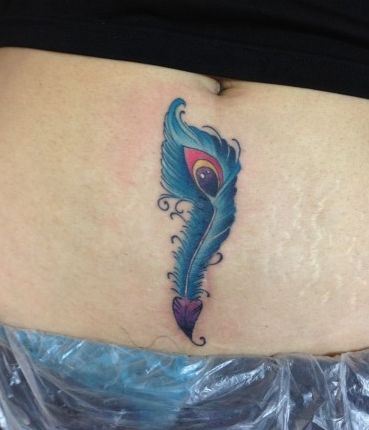 腹部彩色羽毛纹身图案