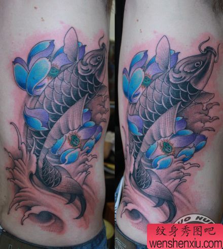 好看的侧腰鲤鱼莲花纹身图案