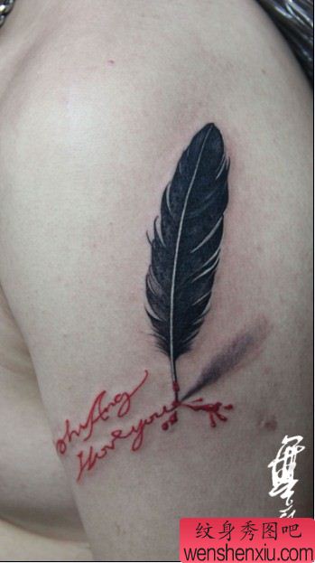 手臂流行精美的羽毛字母纹身图案