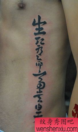 侧腰生死有命富贵在天文字纹身图案