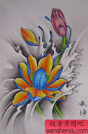 一幅彩色莲花纹身手稿