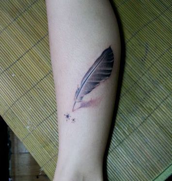 女孩子腿部唯美流行的羽毛纹身图案