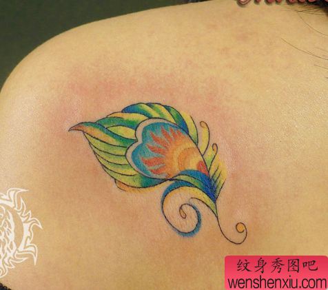 女孩子肩背精美的小羽毛纹身图案