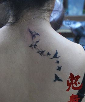 女孩子背部时尚的图腾小鸟纹身图案