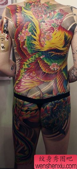 一幅华丽的满背彩色凤凰纹身图案