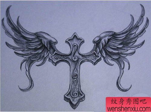 黑灰十字架翅膀纹身手稿