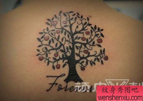 女生背部一幅图腾树纹身图案