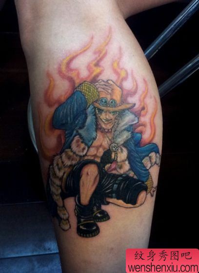 帅气的腿部海贼王艾斯纹身图案