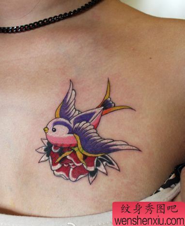 美女胸部一幅小燕子纹身图案