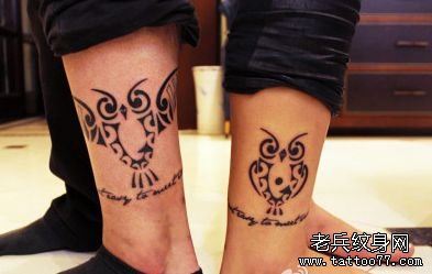 腿部情侣图腾猫头鹰纹身图案