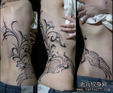 女孩子腰部到背部一幅图腾凤凰纹身图案