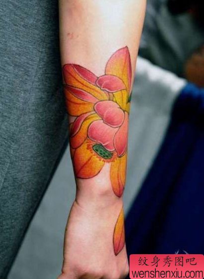 女生手臂精美的彩色莲花纹身图案