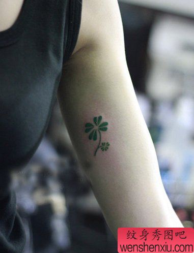 女生手臂小巧精美的彩色图腾四叶草纹身图案