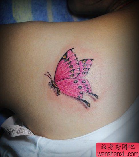 美女肩背好看的彩色蝴蝶纹身图案