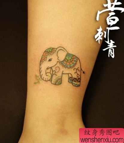 女孩子喜欢的腿部小象纹身图案