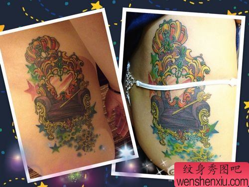美女腰部皇冠与宝座纹身图案