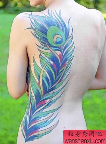 一幅美女半背彩色翅膀纹身图案