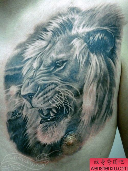 胸部超酷超帅的狮头纹身图案
