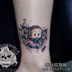 腿部超萌超可爱的小天使纹身图案