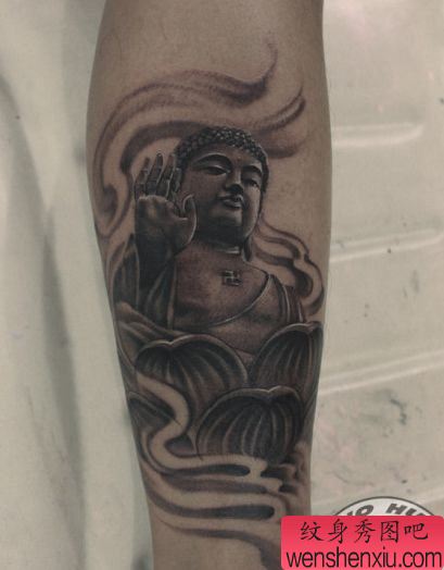 腿部帅气经典的如来佛祖纹身图案