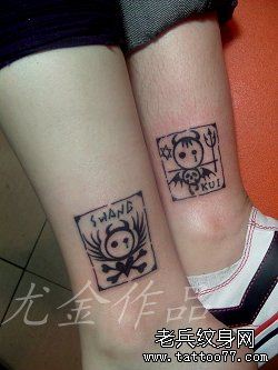 腿部可爱的情侣图腾天使与恶魔纹身图案