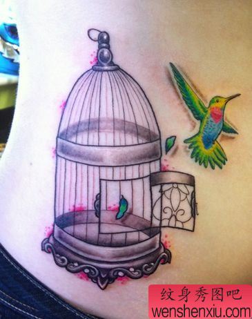 女孩子腰部小蜂鸟与鸟笼纹身图案