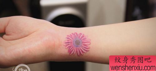 女孩子手臂彩色小邹菊纹身图案