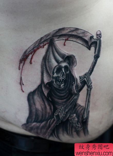 超酷帅气的一幅黑灰死神纹身图案