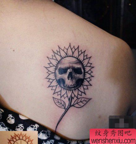 女生背部一幅另类经典的骷髅纹身图案
