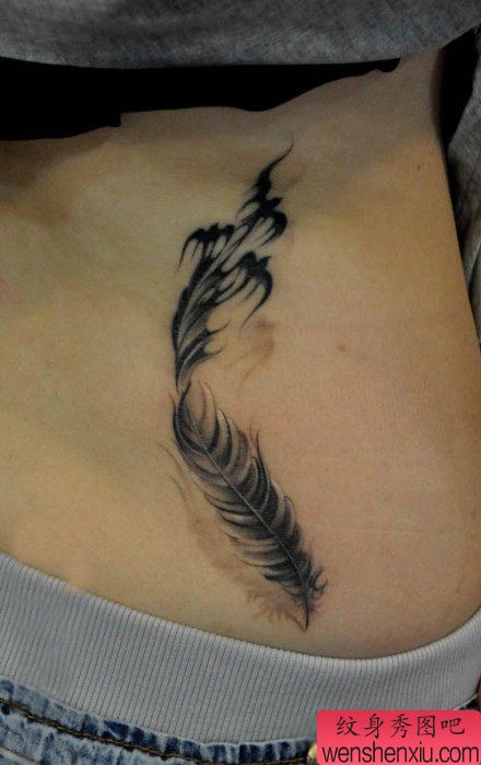 美女腰部漂亮的羽毛化燕子纹身图案