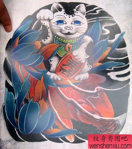 适合纹手臂的招财猫鲤鱼纹身图案
