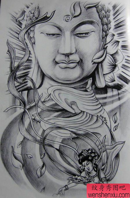 一幅满背佛仙女散花纹身图案