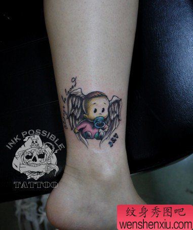 女生腿部可爱的小天使纹身图案