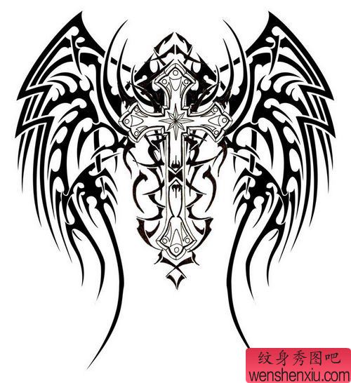 经典超帅的图腾翅膀与十字架纹身图案