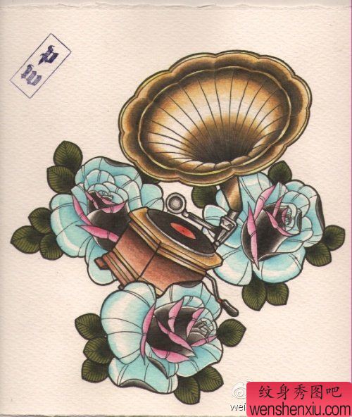 一幅欧美风格的玫瑰花与留声机纹身图案