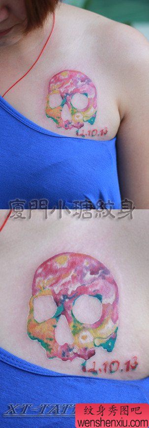 美女胸部漂亮的彩色骷髅纹身图案