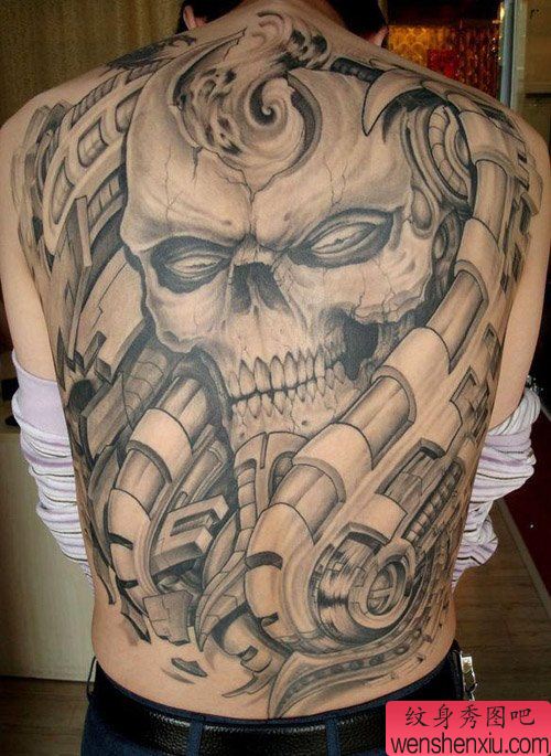 超帅的满背黑灰骷髅纹身图案