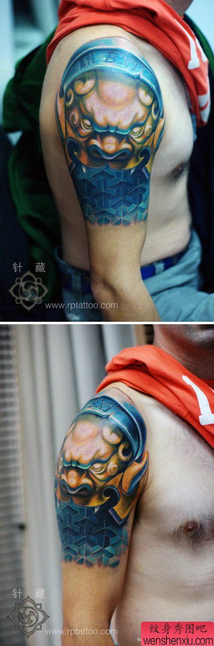 超帅的男性手臂狮子盔甲纹身图案