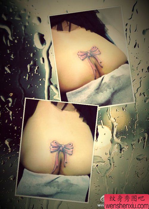 女孩子臀部彩色蝴蝶结纹身图案