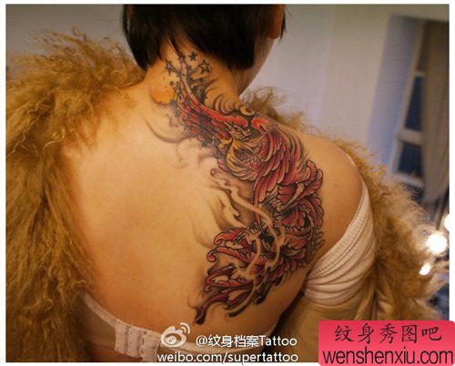 美女背部好看的彩色凤凰纹身图案