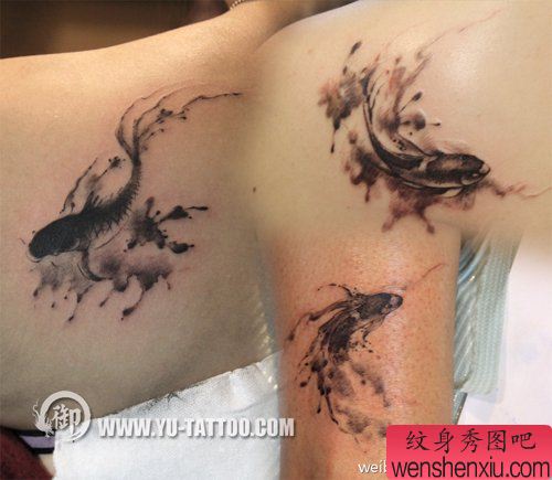 三条唯美的水墨风格鲤鱼纹身图案