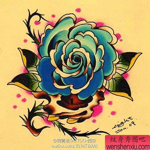 一幅漂亮的欧美风格的玫瑰花纹身手稿