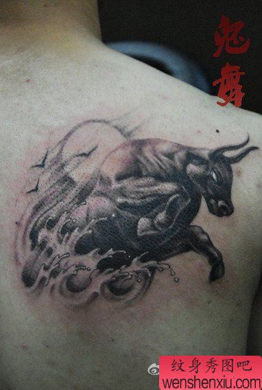 男生肩背凶悍的牛纹身图案